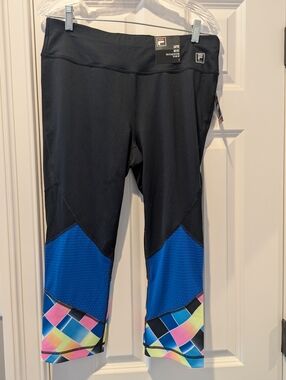 Fila Black Capri Leggings with Blue Panels and Multicolor Hem Mid rise
